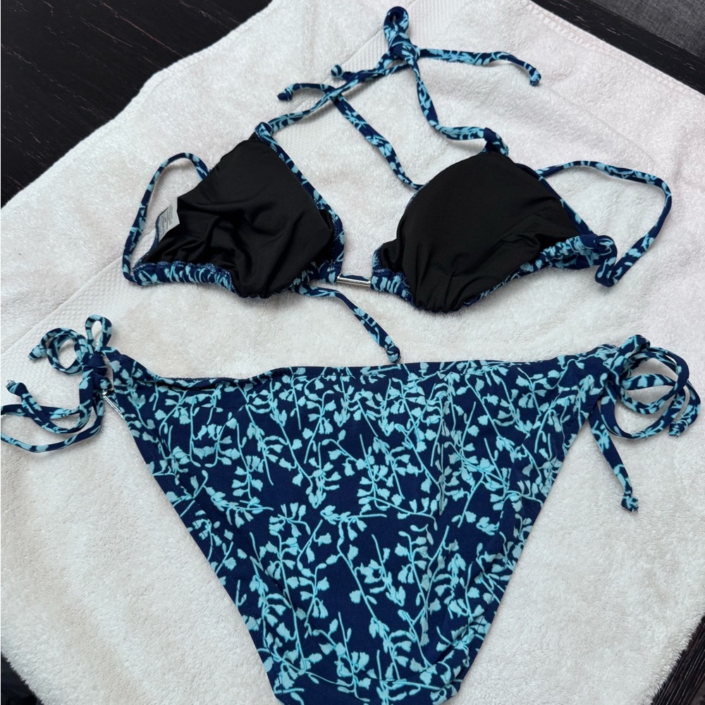 VENUS Navy & Aqua Leaf-Print Tie Bikini Set - Picture 2 of 4
